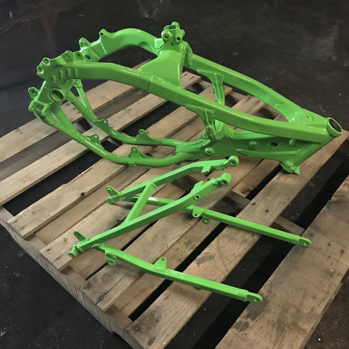 Powder coated frame in vivid green