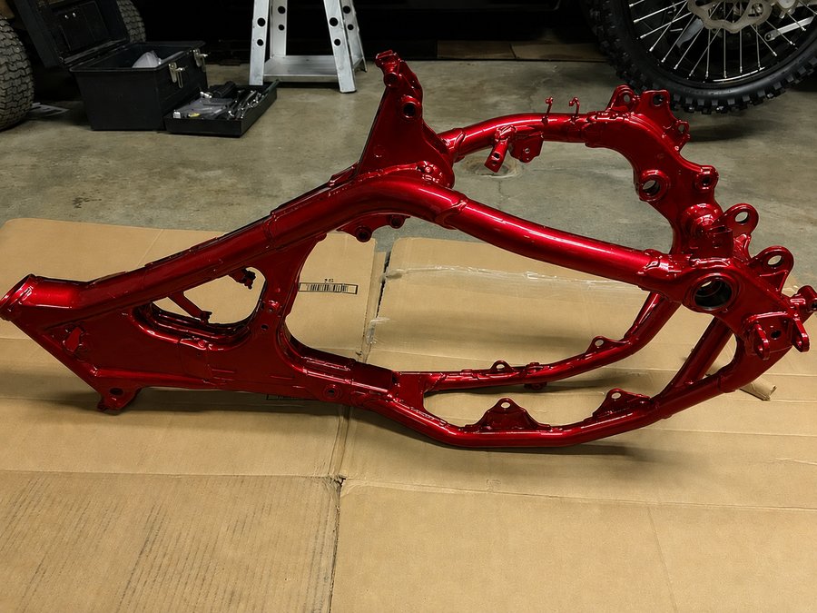Finished frame in candy red powder coat