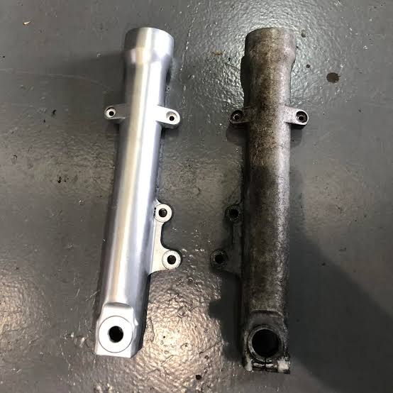 Fork tube before and after aqua blasting