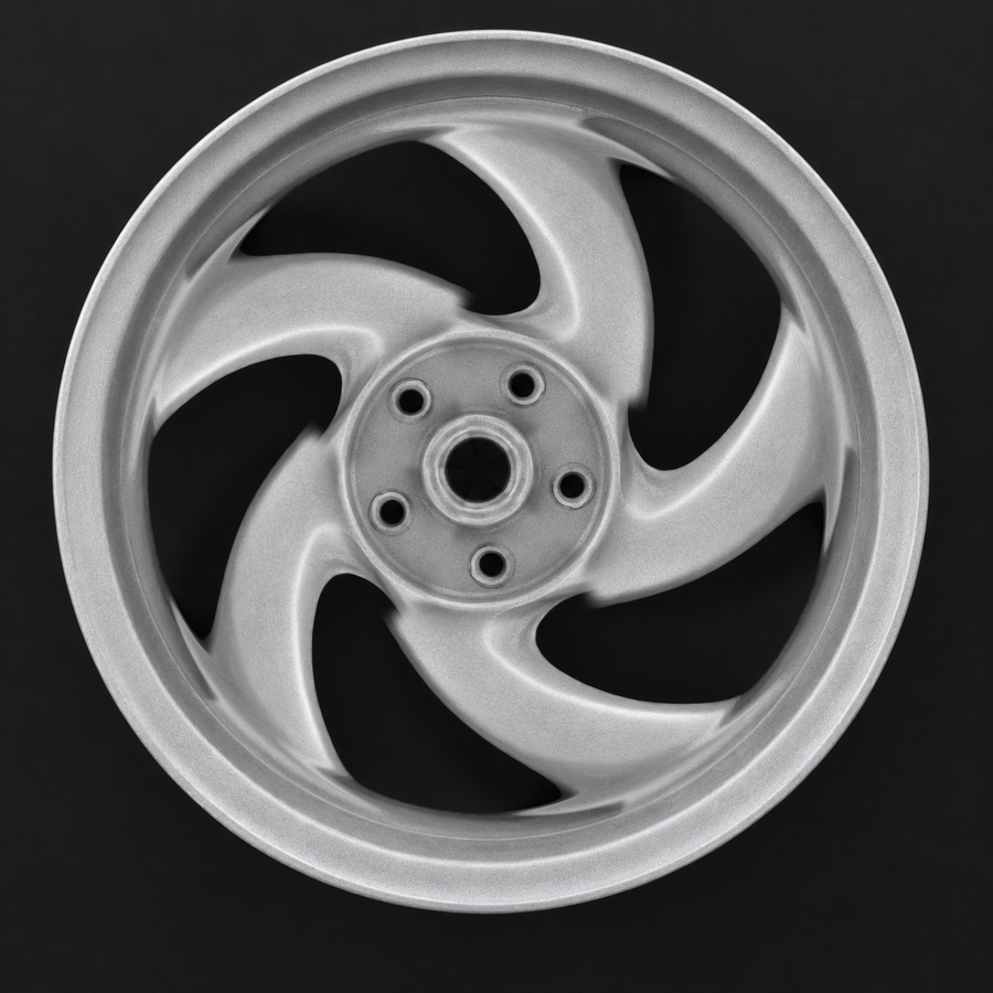 Moped wheel blasted back to bare metal
