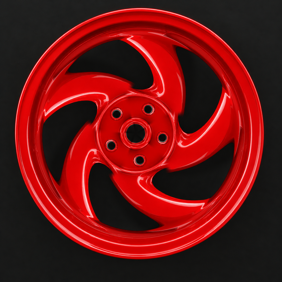 Moped wheel finished in gloss red powder coat